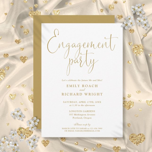 Invitation Fête de fiançailles élégante écriture dorée (Elegant Gold Script Engagement Party Invitation)