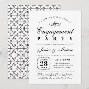 Invitation Fête de fiançailles élégante noir et blanc classiq