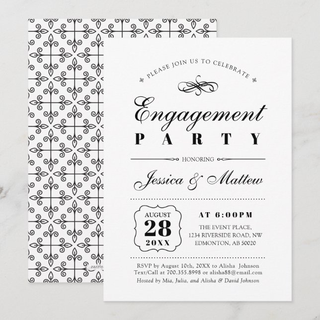 Invitation Fête de fiançailles élégante noir et blanc classiq (Devant / Derrière)