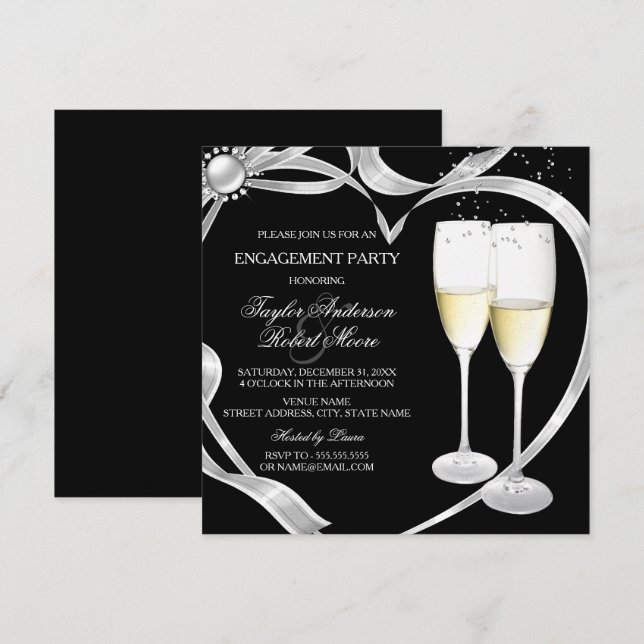Invitation Fête de fiançailles élégante noire argent et or (Devant / Derrière)