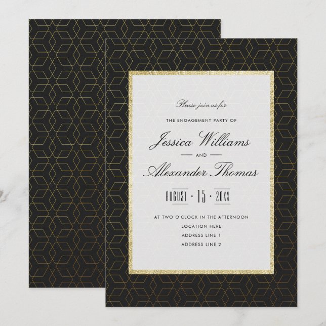 Invitation Fête de fiançailles élégante or et noir (Devant / Derrière)