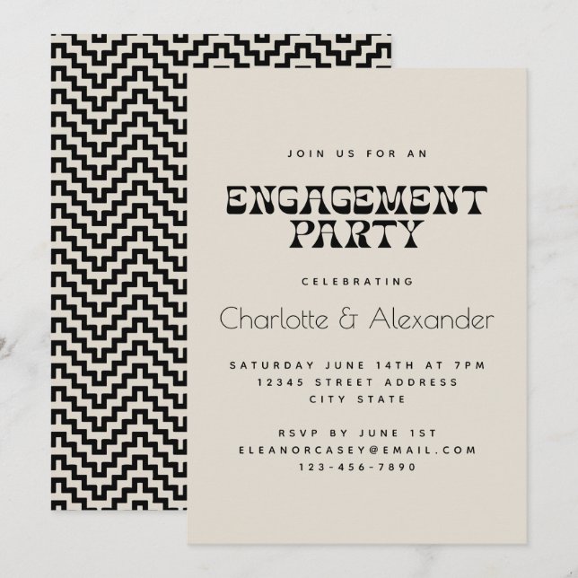 Invitation Fête de fiançailles élégante rétro noir et blanc (Devant / Derrière)