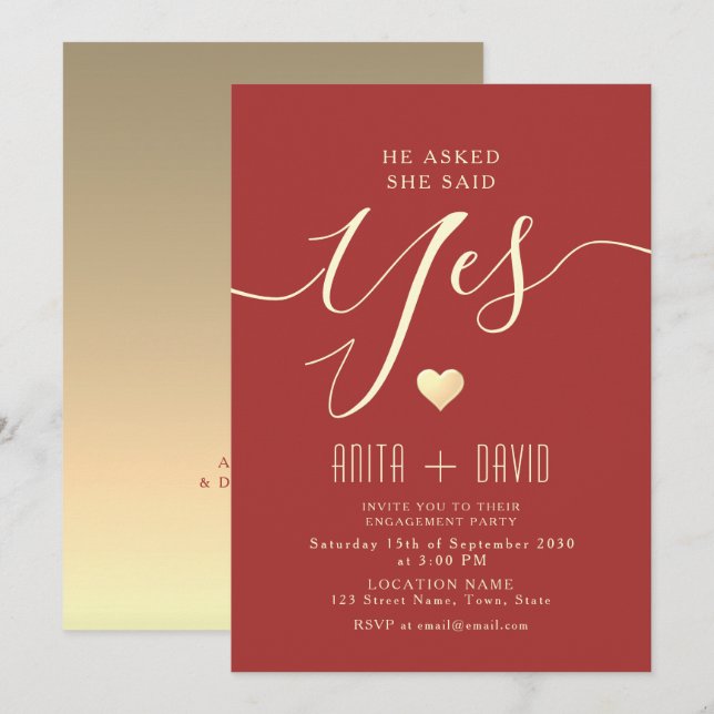 Invitation Fête de fiançailles élégante rouge (Devant / Derrière)