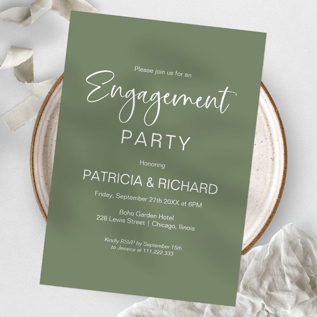 Invitation Fête de fiançailles élégante vert sauge (Créateur téléchargé)