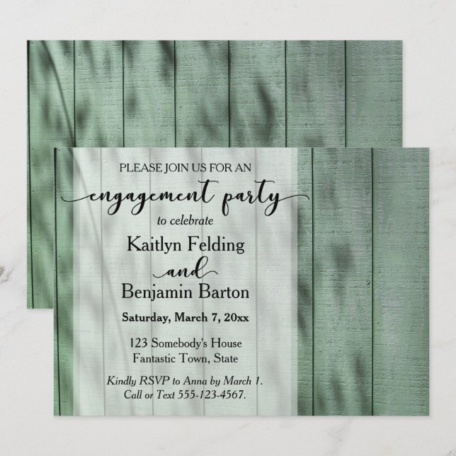 Invitation Fête de fiançailles en bois vert rustique, campagn (Devant / Derrière)