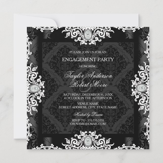 Invitation Fête de fiançailles en damassé diamant noir et bla (Devant)