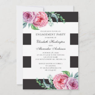 Invitation Fête de fiançailles en noir et blanc. Floral boho 