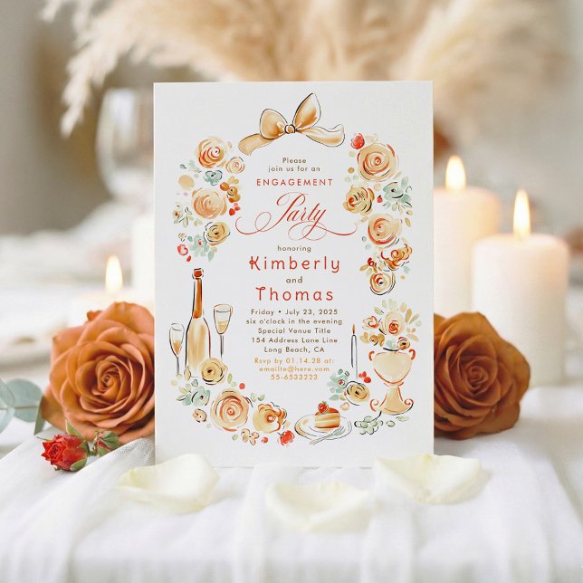 Invitation Fête de fiançailles fantaisiste florale dessinée à (Terracotta Chic Hand-illustrated Fall Engagement Party Invitations)