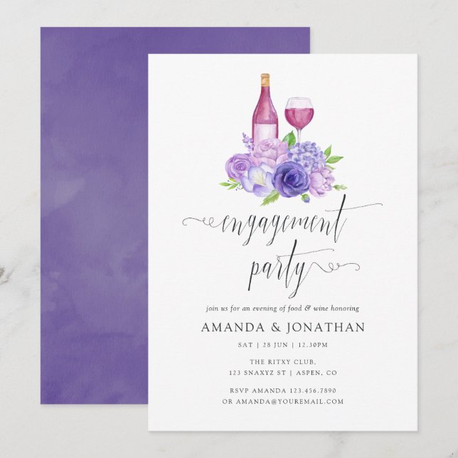 Invitation Fête de fiançailles Fleur Ultra Violet Dégustation (Devant / Derrière)