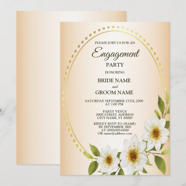 Invitation Fête de Fiançailles Fleurie Blanche Dorée Rustique (Devant / Derrière)