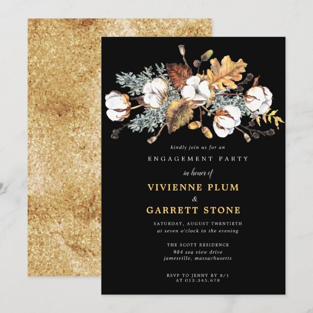 Invitation Fête de fiançailles Fleurs blanches Feuilles d'aut (Devant / Derrière)