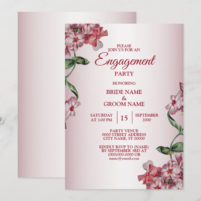 Invitation Fête de Fiançailles Fleurs Roses Rouges Feuilles V (Devant / Derrière)