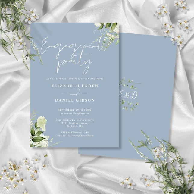 Invitation Fête de fiançailles Floral Bleu Poussiéreux Script (Floral Dusty Blue Script Engagement Party Invitation)