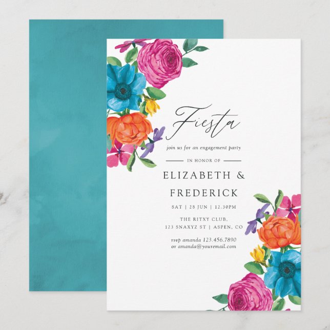 Invitation Fête de fiançailles Floral Fiesta Aquarelle (Devant / Derrière)
