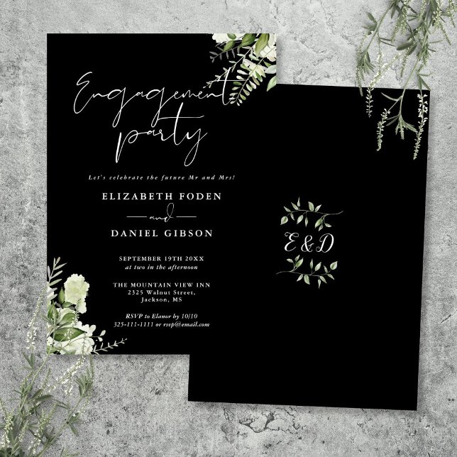 Invitation Fête de fiançailles Floral Noir et Blanc (Floral Black And White Engagement Party Invitation)
