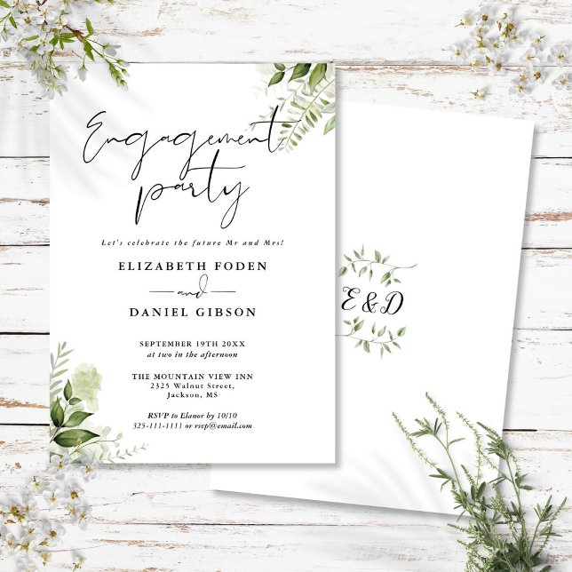 Invitation Fête de fiançailles Floral Végétal Noir et Blanc (Floral Greenery Black And White Engagement Party Invitation)