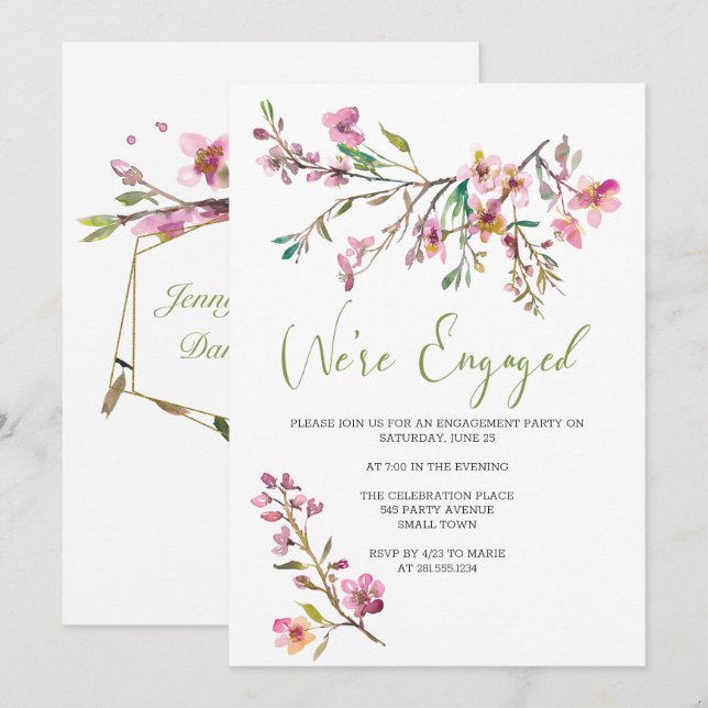 Invitation Fête de fiançailles florale à fleurs de cerisier r (Devant / Derrière)