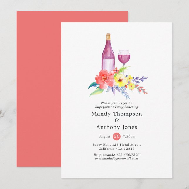 Invitation Fête de fiançailles florale aquarelle dégustation  (Devant / Derrière)