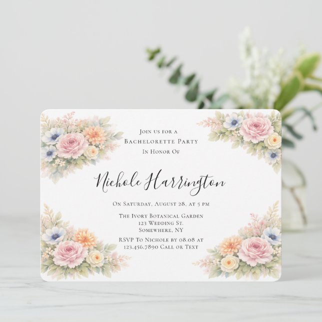 Invitation Fête de Fiançailles Florale Aquarelle Douce (Debout devant)