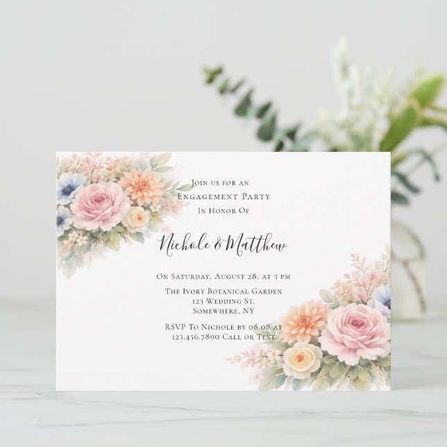 Invitation Fête de fiançailles florale aquarelle douce (Debout devant)