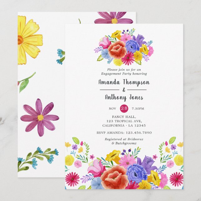 Invitation Fête de fiançailles Florale Aquarelle Fiesta (Devant / Derrière)