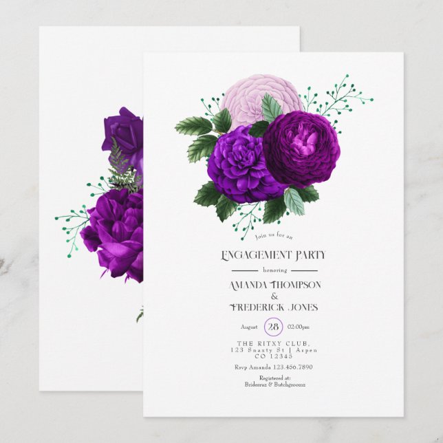 Invitation Fête de fiançailles florale aquarelle violette et  (Devant / Derrière)