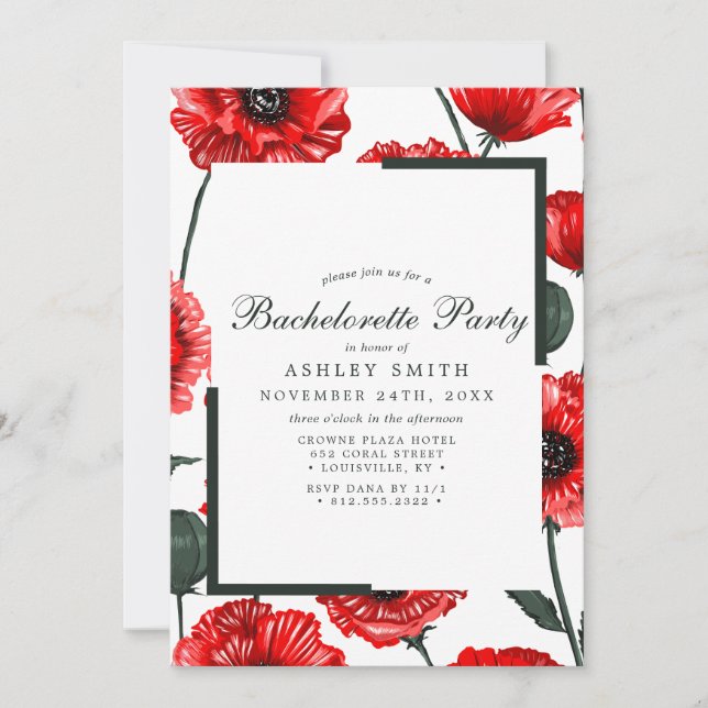 Invitation Fête de Fiançailles Florale aux Fleurs de Pavot Ro (Devant)