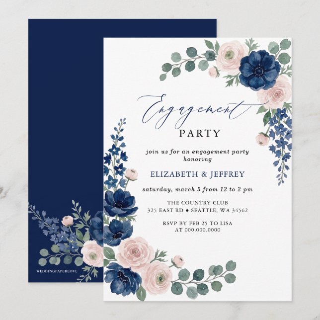 Invitation Fête de fiançailles florale avec verdure Navy et B (Devant / Derrière)