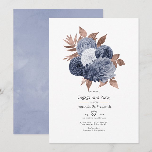 Invitation Fête de fiançailles florale bleu poussiéreux et or (Devant / Derrière)