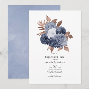 Invitation Fête de fiançailles florale bleu poussiéreux et or