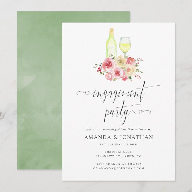 Invitation Fête de fiançailles florale Blush & Sage avec dégu (Devant / Derrière)