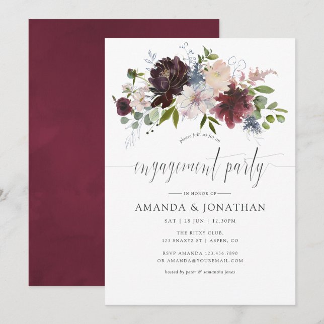 Invitation Fête de fiançailles florale bordeaux et marine (Devant / Derrière)