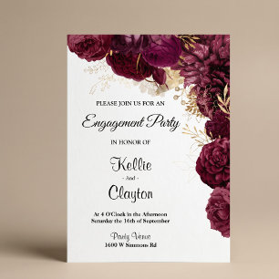 Invitation Fête de fiançailles florale bordeaux et or