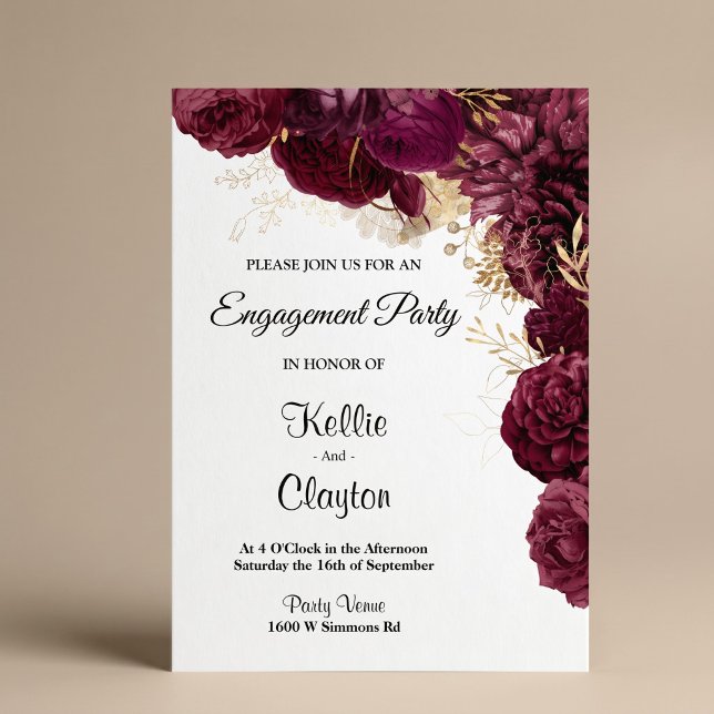 Invitation Fête de fiançailles florale bordeaux et or (Créateur téléchargé)