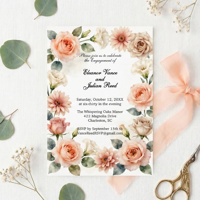 Invitation Fête de fiançailles florale botanique aquarelle pê (Créateur téléchargé)