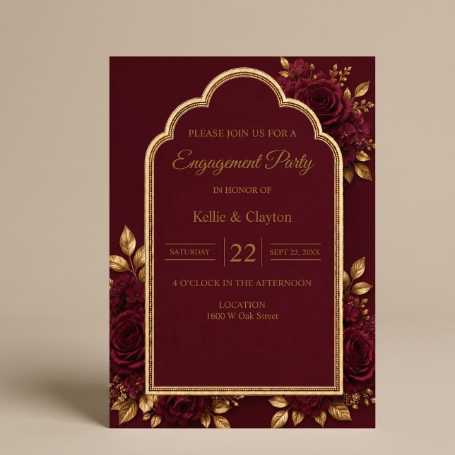 Invitation Fête de fiançailles florale Bourgogne & Or (Créateur téléchargé)