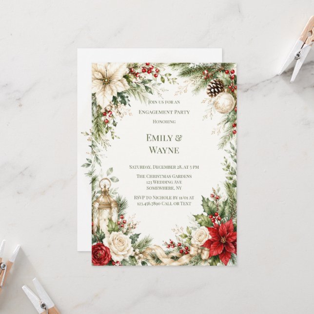 Invitation Fête de fiançailles florale de Noël élégante (Devant/Arrière en situation)