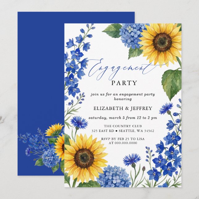 Invitation Fête de fiançailles florale de tournesols bleu roy (Devant / Derrière)