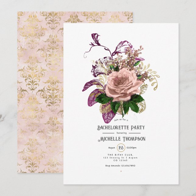 Invitation Fête de Fiançailles Florale Dorée Burgundy Rose (Devant / Derrière)