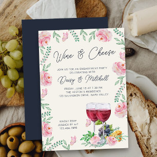 Invitation Fête de fiançailles florale élégante vin et fromag