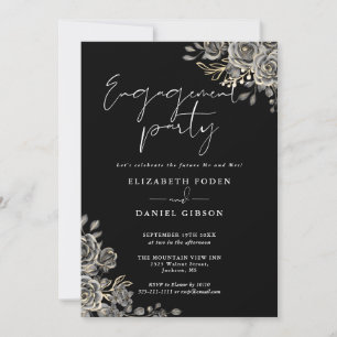 Invitation Fête de fiançailles florale gothique noir et blanc