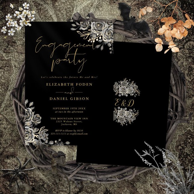 Invitation Fête de fiançailles florale gothique noire et or (Gothic Floral Black And Gold Engagement Party Invitation)