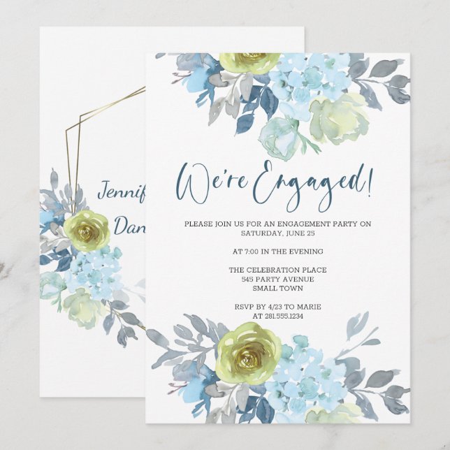 Invitation Fête de fiançailles florale jaune bleu clair vert (Devant / Derrière)