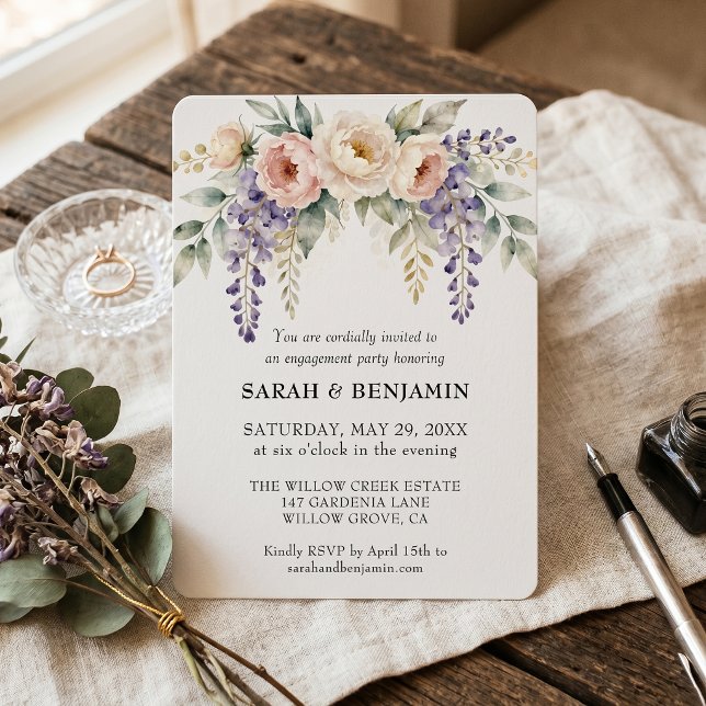 Invitation Fête de fiançailles florale lavande rose aquarelle (Créateur téléchargé)