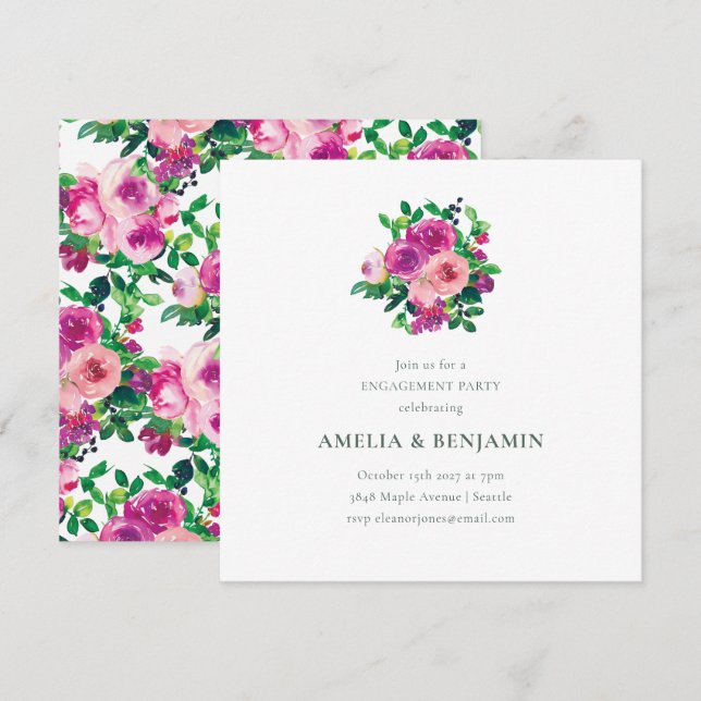 Invitation Fête de Fiançailles Florale Magenta Blush Berry (Devant / Derrière)