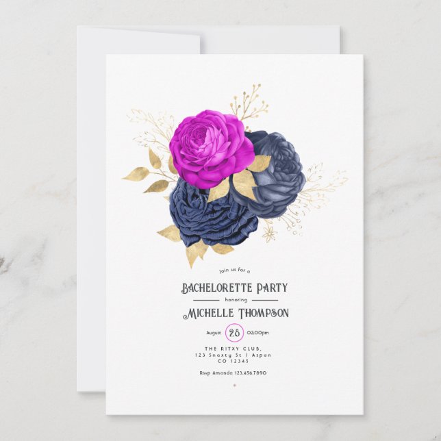 Invitation Fête de Fiançailles Florale Magenta Navy et Or (Devant)