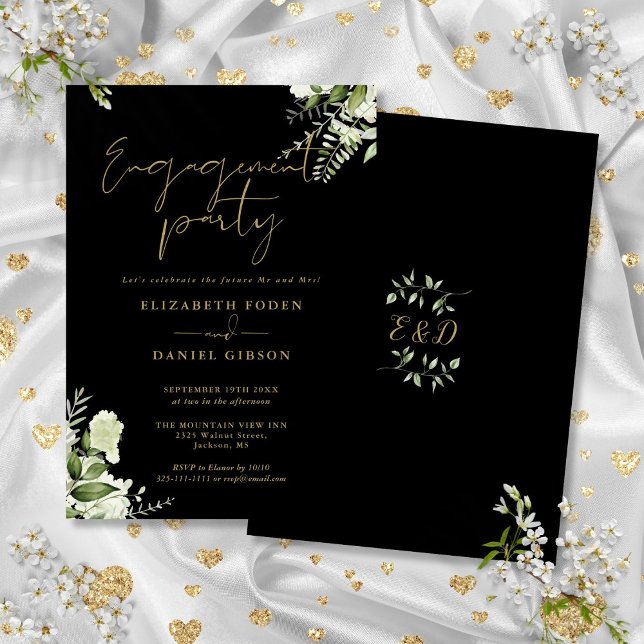 Invitation Fête de fiançailles Florale Noir et Or (Greenery Floral Black And Gold Engagement Party Invitation)