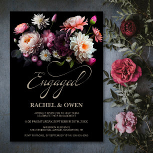 Invitation Fête de fiançailles florale noire élégante