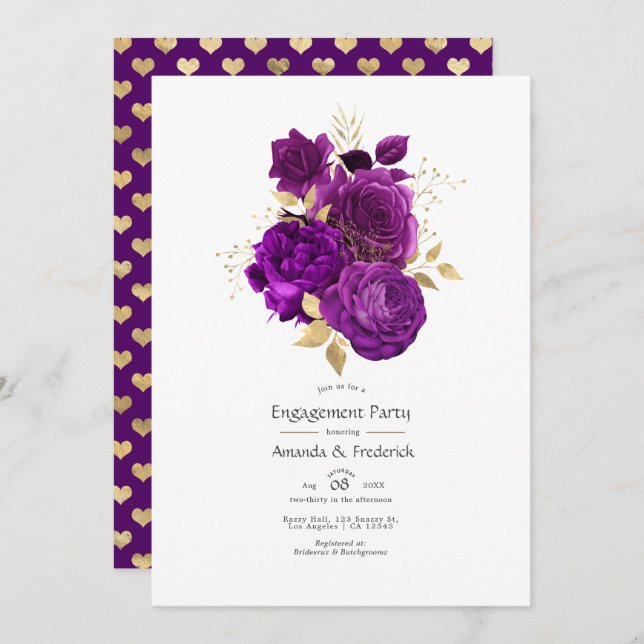 Invitation Fête de fiançailles florale or et pourpre (Devant / Derrière)