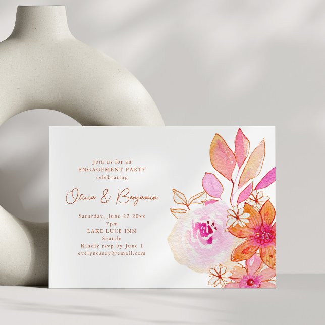 Invitation Fête de fiançailles florale orange rose aquarelle (Créateur téléchargé)